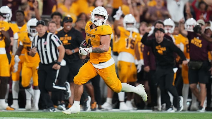 Arizona State running back Cam Skattebo breaks away to seal the game, finishing with 262 yards rushing on the day against the Mississippi State Bulldogs at Mountain America Stadium on Sept. 7, 2024, in Tempe.