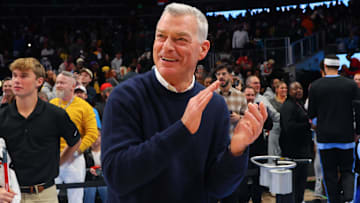 Atlanta Hawks owner Tony Ressler reacts after a game against the Los Angeles Lakers.