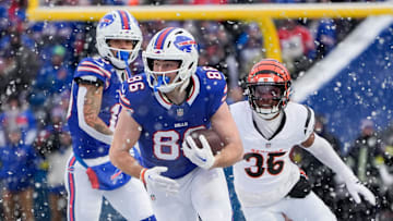 Dec 7, 2025; Orchard Park, New York, USA; Buffalo Bills tight end Dalton Kincaid (86) runs the ball in the fourth quarter against the Cincinnati Bengals at Highmark Stadium. Mandatory Credit: Gregory Fisher-Imagn Images