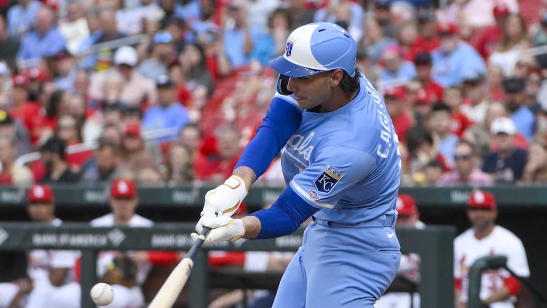 Jun 3, 2025; St. Louis, Missouri, USA;  Kansas City Royals designated hitter Jac Caglianone (14) bats against the St. Louis Cardinals during the second inning of his Major League Baseball debut at Busch Stadium. Mandatory Credit: Jeff Curry-Imagn Images