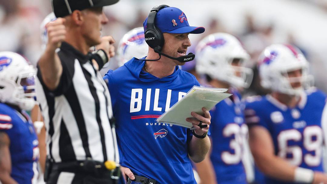 Sep 13, 2026; Houston, Texas, USA; Buffalo Bills head coach Joe Brady on the sideline during the game against the Houston Texans at Reliant Stadium.