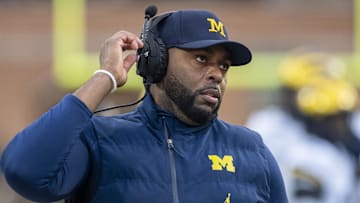 Nov 22, 2025; College Park, Maryland, USA; Michigan Wolverines head coach Sherrone Moore on the sidelines during the first quarter against the Maryland Terrapins at SECU Stadium.
