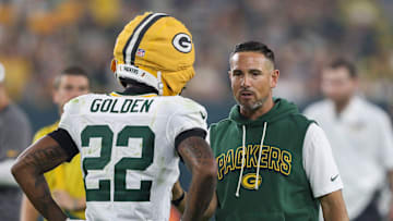Green Bay Packers head coach Matt LaFleur talks to wide receiver Matthew Golden (22) during Family Night on Saturday, August 2, 2025, at Lambeau Field in Green Bay, Wis. 
Tork Mason/USA TODAY NETWORK-Wisconsin