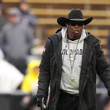 Apr 27, 2024; Boulder, CO, USA; Colorado Buffaloes head coach Deion Sanders during a spring game event at Folsom Field. Mandatory Credit: Ron Chenoy-Imagn Images