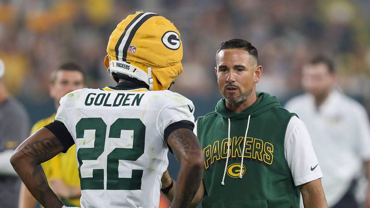Green Bay Packers head coach Matt LaFleur talks to wide receiver Matthew Golden (22) during Family Night on Saturday, August 2, 2025, at Lambeau Field in Green Bay, Wis. 
Tork Mason/USA TODAY NETWORK-Wisconsin