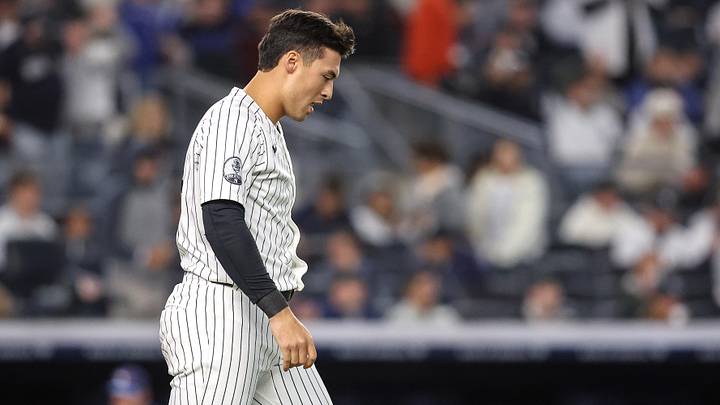 May 21, 2026; Bronx, New York, USA;  New York Yankees shortstop Anthony Volpe (11) strikes out to end the seventh innnig against the Toronto Blue Jays at Yankee Stadium. Mandatory Credit: Wendell Cruz-Imagn Images