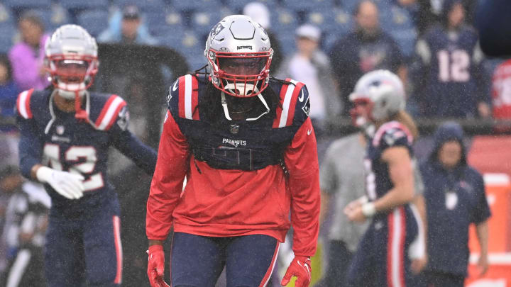 August 8, 2024; Foxborough, MA, USA;  New England Patriots linebacker Matthew Judon (9) warms up before a game against the Carolina Panthers at Gillette Stadium. Mandatory Credit: Eric Canha-USA TODAY Sports