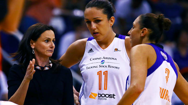 Sep 9, 2014; Phoenix, AZ, USA; Phoenix Mercury head coach Sandy Brondello (left) talks with center Ewelina Kobryn (11) and guard Diana Taurasi (3) against the Chicago Sky during game two of the WNBA Finals at US Airways Center. The Mercury defeated the Sky 97-68. Mandatory Credit: Mark J. Rebilas-Imagn Images Sep 9, 2014; Phoenix, AZ, USA; Phoenix Mercury head coach Sandy Brondello (left) talks with center Ewelina Kobryn (11) and guard Diana Taurasi (3) against the Chicago Sky during game two of the WNBA Finals at US Airways Center. The Mercury defeated the Sky 97-68. Mandatory Credit: Mark J. Rebilas-Imagn Images