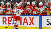 Mar 4, 2025; Edmonton, Alberta, CAN; The Anaheim Ducks celebrate a goal scored by forward Mason MacTavish (23) during the first period against the Edmonton Oilers at Rogers Place. Mandatory Credit: Perry Nelson-Imagn Images