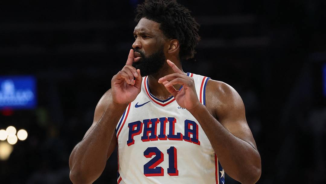 May 2, 2026; Boston, Massachusetts, USA; Philadelphia 76ers center Joel Embiid (21) silences the crowd after making a shot against the Boston Celtics during the second quarter of game seven of the first round of the 2026 NBA Playoffs at TD Garden. Mandatory Credit: Winslow Townson-Imagn Images