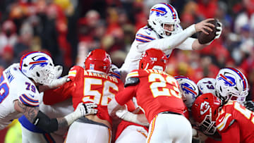 Jan 26, 2025; Buffalo Bills quarterback Josh Allen dives for a first down against the Kansas City Chiefs in AFC championship game.