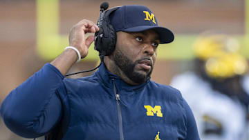Michigan Wolverines head coach Sherrone Moore on the sidelines during the first quarter against the Maryland Terrapins  at SECU Stadium.
