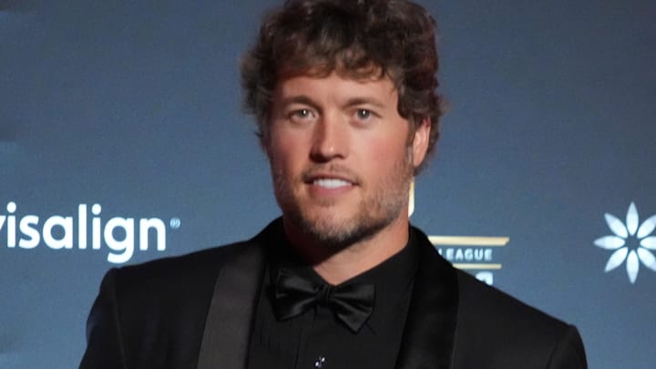 Feb 5, 2026; San Francisco, CA, USA; Los Angeles Rams quarterback Matthew Stafford posts with the NFL Honors most valuable player trophy at Palace of Fine Arts. Mandatory Credit: Kirby Lee-Imagn Images