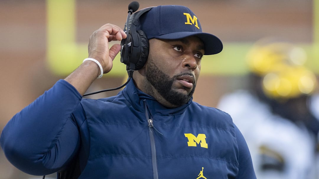 Nov 22, 2025; College Park, Maryland, USA; Michigan Wolverines head coach Sherrone Moore on the sidelines during the first quarter against the Maryland Terrapins at SECU Stadium. Mandatory Credit: Tommy Gilligan-Imagn Images Nov 22, 2025; College Park, Maryland, USA; Michigan Wolverines head coach Sherrone Moore on the sidelines during the first quarter against the Maryland Terrapins at SECU Stadium. Mandatory Credit: Tommy Gilligan-Imagn Images