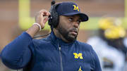 Nov 22, 2025; College Park, Maryland, USA; Michigan Wolverines head coach Sherrone Moore on the sidelines during the first quarter against the Maryland Terrapins  at SECU Stadium. Mandatory Credit: Tommy Gilligan-Imagn Images