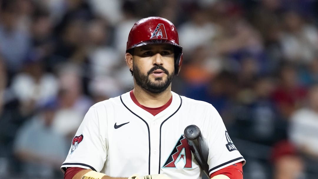 Jul 22, 2025; Phoenix, Arizona, USA; Arizona Diamondbacks designated hitter Eugenio Suarez against the Houston Astros at Chase Field. Mandatory Credit: Mark J. Rebilas-Imagn Images
