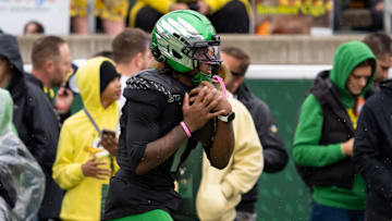 Oregon wide receiver Dakorien Moore warms up as the Oregon Ducks host the Indiana Hoosiers Oct. 11, 2025, at Autzen Stadium in Eugene, Oregon.