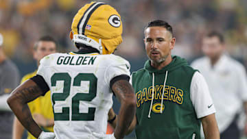 Green Bay Packers head coach Matt LaFleur talks to wide receiver Matthew Golden (22) during Family Night on Saturday, August 2, 2025, at Lambeau Field in Green Bay, Wis. 
Tork Mason/USA TODAY NETWORK-Wisconsin