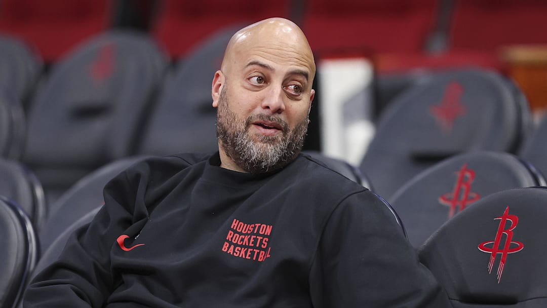 Nov 24, 2023; Houston, Texas, USA; Houston Rockets general manager Rafael Stone talks before the game against the Denver Nuggets at Toyota Center. Mandatory Credit: Troy Taormina-Imagn Images