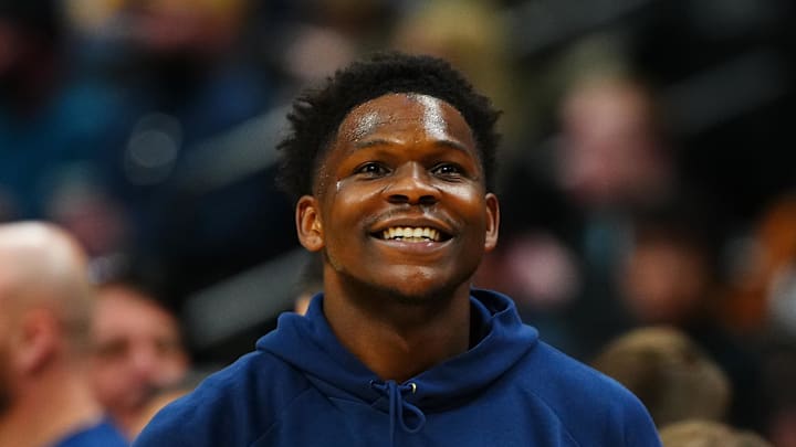 Mar 1, 2026; Denver, Colorado, USA; Minnesota Timberwolves guard Anthony Edwards (5) reacts before the game against the Denver Nuggets Ball Arena. Mandatory Credit: Ron Chenoy-Imagn Images