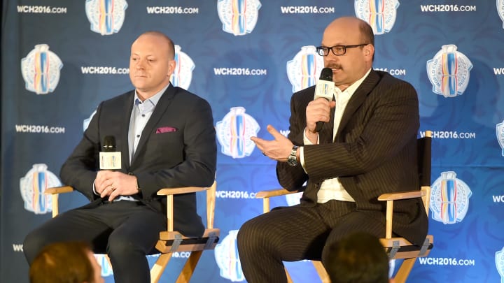 Mar 2, 2016; Toronto, Ontario, Canada;  Team North America general manager Peter Chiarelli (right) gestures as he speaks to media while associate general manager Stan Bowman listens during a press conference for the upcoming 2016 World Cup of Hockey at Intercontinental Hotel. Mandatory Credit: Dan Hamilton-USA TODAY Sports