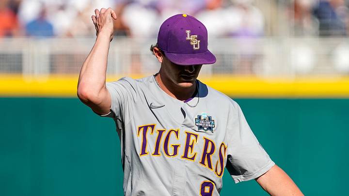 LSU Tigers starting pitcher Ty Floyd (9) celebrates after the Wake Forest Demon Deacons strike out