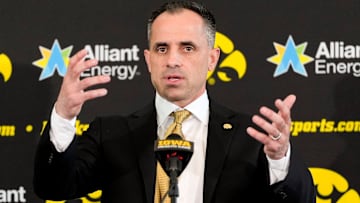 Ben McCollum, Iowa's new head men's basketball coach, speaks during his introductory press conference Tuesday, March 25, 2025 at Carver-Hawkeye Arena in Iowa City, Iowa.