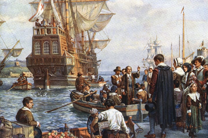 Painting of pilgrims boarding the Mayflower