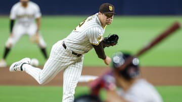 Aug 9, 2025; San Diego, California, USA; San Diego Padres relief pitcher Mason Miller (22) throws a pitch during the eighth inning against the Boston Red Sox at Petco Park. Mandatory Credit: David Frerker-Imagn Images