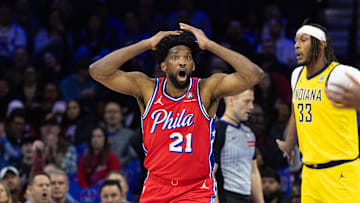 Dec 13, 2024; Philadelphia, Pennsylvania, USA; Philadelphia 76ers center Joel Embiid (21) reacts to a play against the Indiana Pacers during the first quarter at Wells Fargo Center. Mandatory Credit: Bill Streicher-Imagn Images