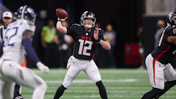 Aug 15, 2025; Atlanta, Georgia, USA; Atlanta Falcons quarterback Easton Stick (12) throws a pass against the Tennessee Titans in the first quarter at Mercedes-Benz Stadium. Mandatory Credit: Brett Davis-Imagn Images
