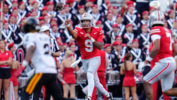 Ohio State Buckeyes quarterback Tavien St. Clair (9) throws during the second half of the NCAA football game against the Grambling State Tigers at Ohio Stadium on Sept. 6, 2025. Ohio State won 70-0.