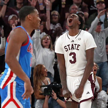 Jan 18, 2025; Starkville, Mississippi, USA; Mississippi State Bulldogs forward KeShawn Murphy (3) reacts after defeating the Mississippi Rebels at Humphrey Coliseum. Mandatory Credit: Petre Thomas-Imagn Images