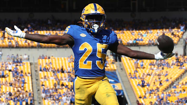 Oct 4, 2025; Pittsburgh, Pennsylvania, USA; Pittsburgh Panthers running back Ja'Kyrian Turner (25) reacts in the end zone after scoring a touchdown against the Boston College Eagles during the second quarter at Acrisure Stadium. Mandatory Credit: Charles LeClaire-Imagn Images Oct 4, 2025; Pittsburgh, Pennsylvania, USA; Pittsburgh Panthers running back Ja'Kyrian Turner (25) reacts in the end zone after scoring a touchdown against the Boston College Eagles during the second quarter at Acrisure Stadium. Mandatory Credit: Charles LeClaire-Imagn Images