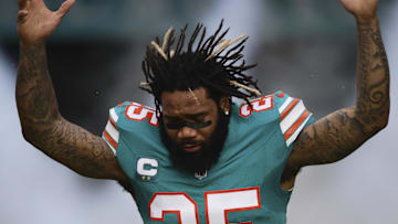 Dec 24, 2023; Miami Gardens, Florida, USA; Miami Dolphins cornerback Xavien Howard (25) runs on the field prior to the game Dallas Cowboys at Hard Rock Stadium. Mandatory Credit: Sam Navarro-Imagn Images
