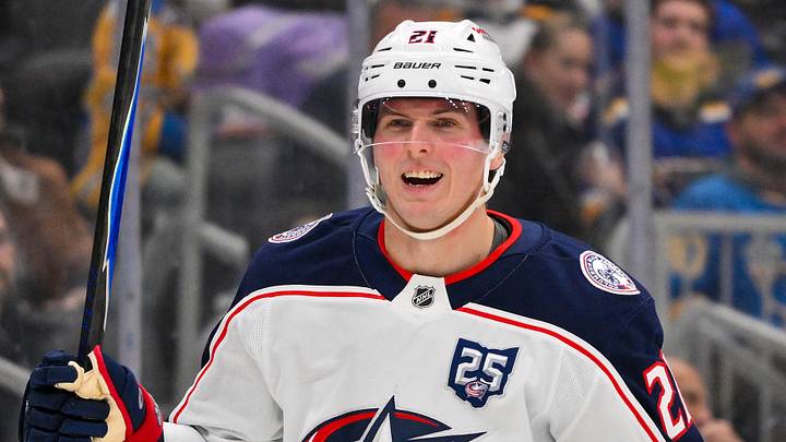 Jan 31, 2026; St. Louis, Missouri, USA; Columbus Blue Jackets center Isac Lundestrom (21) reacts after scoring against the St. Louis Blues during the first period at Enterprise Center. Mandatory Credit: Jeff Curry-Imagn Images