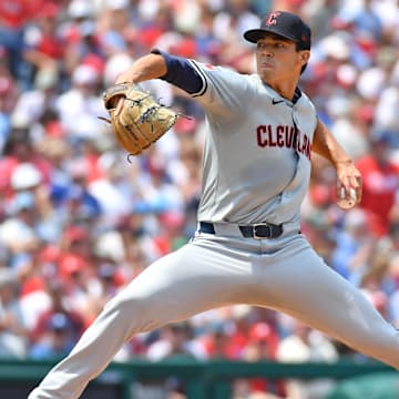 Jul 28, 2024; Philadelphia, Pennsylvania, USA; Cleveland Guardians starting pitcher Joey Cantillo (54) throws a pitch against the Philadelphia Phillies during the first inning at Citizens Bank Park. Mandatory Credit: Eric Hartline-Imagn Images