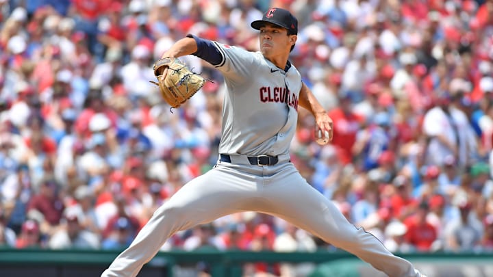 Jul 28, 2024; Philadelphia, Pennsylvania, USA; Cleveland Guardians starting pitcher Joey Cantillo (54) throws a pitch against the Philadelphia Phillies during the first inning at Citizens Bank Park. Mandatory Credit: Eric Hartline-Imagn Images