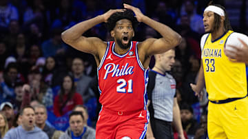 Dec 13, 2024; Philadelphia, Pennsylvania, USA; Philadelphia 76ers center Joel Embiid (21) reacts to a play against the Indiana Pacers during the first quarter at Wells Fargo Center. Mandatory Credit: Bill Streicher-Imagn Images