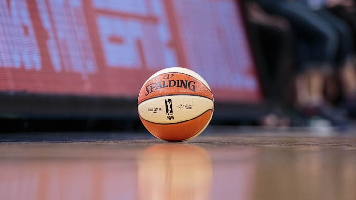Oct 11, 2016; Minneapolis, MN, USA; A WNBA basketball sits on the floor in a game between the Minnesota Lynx and Los Angeles Sparks in game two of the WNBA Finals. at Target Center. The Minnesota Lynx beat the Los Angeles Sparks 79-60. Mandatory Credit: Brad Rempel-Imagn Images