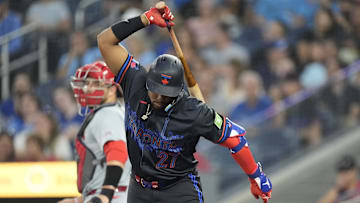 Sep 13, 2024: Toronto Blue Jays third baseman Vladimir Guerrero Jr. (27) reacts after striking out against the St. Louis Cardinals during the first inning at Rogers Centre.