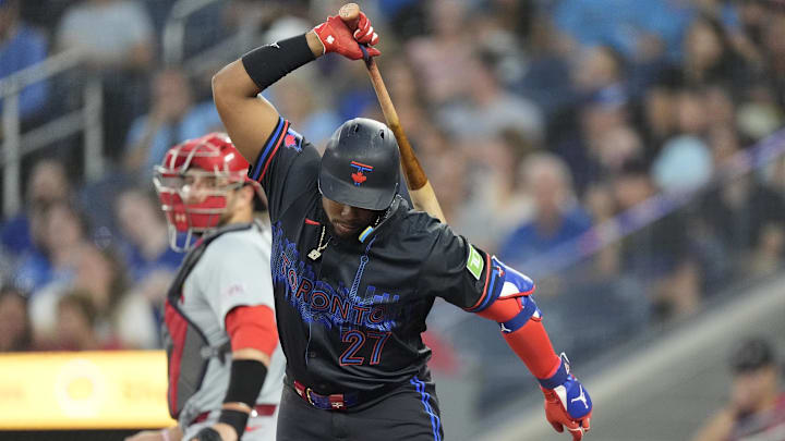 Sep 13, 2024: Toronto Blue Jays third baseman Vladimir Guerrero Jr. (27) reacts after striking out against the St. Louis Cardinals during the first inning at Rogers Centre.