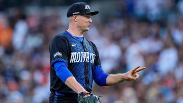 Detroit Tigers pitcher Tarik Skubal (29) celebrates as he walks off the mound after pitching against L. A. Dodgers during the fifth inning at Comerica Park in Detroit on Friday, July 12, 2024.