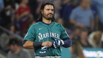Oct 19, 2025; Toronto, Ontario, CAN; Seattle Mariners third baseman Eugenio Suarez (28) reacts after striking out against the Toronto Blue Jays in the second inning during game six of the ALCS round for the 2025 MLB playoffs at Rogers Centre. Mandatory Credit: John E. Sokolowski-Imagn Images