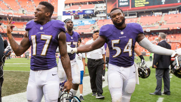 Sep 18, 2016; Cleveland, OH, USA; Baltimore Ravens wide receiver Mike Wallace (17) and Baltimore Ravens inside linebacker Zach Orr (54) walk off the field following the game against the Cleveland Browns at FirstEnergy Stadium. The Ravens defeated the Browns 25-20.  Mandatory Credit: Scott R. Galvin-USA TODAY Sports