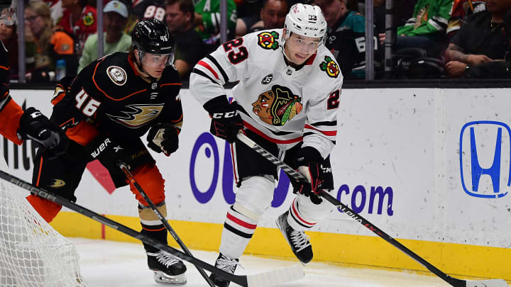 Mar 23, 2022; Anaheim, California, USA; Chicago Blackhawks center Philipp Kurashev (23) moves the