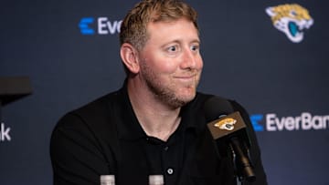 Apr 25, 2025; Jacksonville, FL, USA; Jacksonville Jaguars head coach Liam Coen talks to the media during a press conference to introduce first round draft pick Travis Hunter (not pictured) at Miller Electric Center. Mandatory Credit: Travis Register-Imagn Images