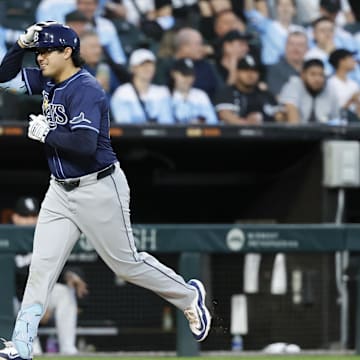 Apr 27, 2024; Chicago, Illinois, USA; Tampa Bay Rays first baseman Austin Shenton (54) rounds the bases after hitting a solo home run against the Chicago White Sox during the fifth inning at Guaranteed Rate Field. Mandatory Credit: Kamil Krzaczynski-Imagn Images