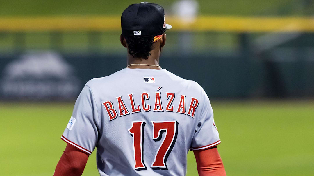 Nov 9, 2025; Mesa, AZ, USA; Detailed view of the jersey of Cincinnati Reds infielder Leo Balcazar (17) during the Arizona Fall League Fall Stars Game at Sloan Park. Mandatory Credit: Mark J. Rebilas-Imagn Images