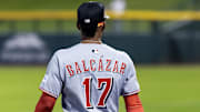 Nov 9, 2025; Mesa, AZ, USA; Detailed view of the jersey of Cincinnati Reds infielder Leo Balcazar (17) during the Arizona Fall League Fall Stars Game at Sloan Park. Mandatory Credit: Mark J. Rebilas-Imagn Images